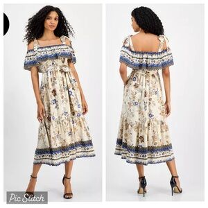 Anne Klein Women's 16/XL Floral Printed Tie-Shoulder Off-The-Shoulder Midi Dress